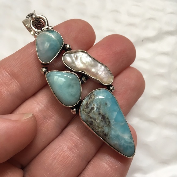 Caribbean Larimar, Biwa Pearl, 925 Silver Pendant - Picture 5 of 5